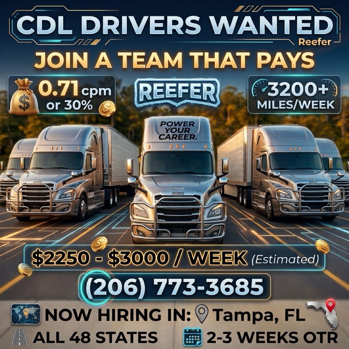 Oneway Group hiring poster: CDL Drivers Wanted — Reefer. 0.71 cpm or 30%, 3200+ miles per week, $2,250 to $3,000 per week estimated, now hiring in Tampa, FL, all 48 states, 2–3 weeks OTR. Text or call (206) 773-3685