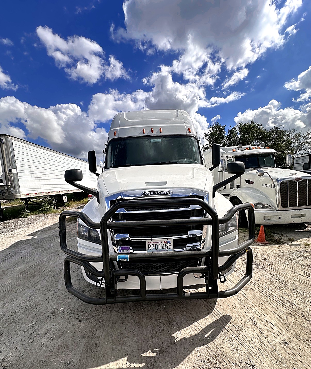 Oneway Group white Freightliner Cascadia head-on under a bright blue sky with clouds, Washington plate RP01455